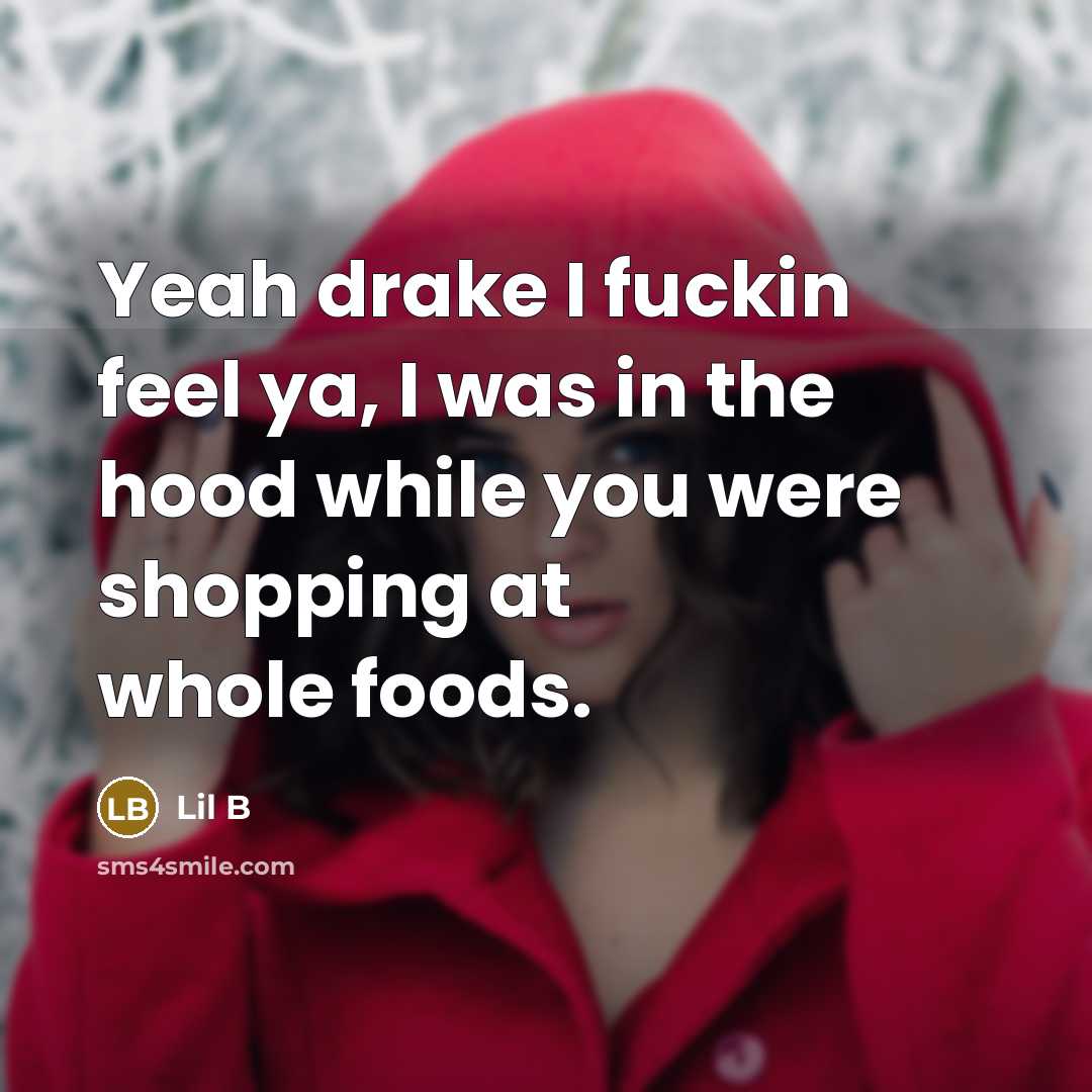 “Yeah drake I fuckin feel ya, I was in the hood while you were shopping at whole foods.” quote by Lil B