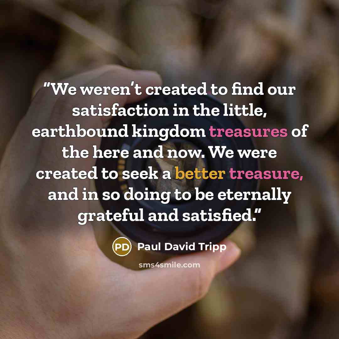 “We weren’t created to find our satisfaction in the little, earthbound kingdom treasures of the here and now. We were created to seek a better treasure, and in so doing to be eternally grateful and satisfied.” quote by Paul David Tripp