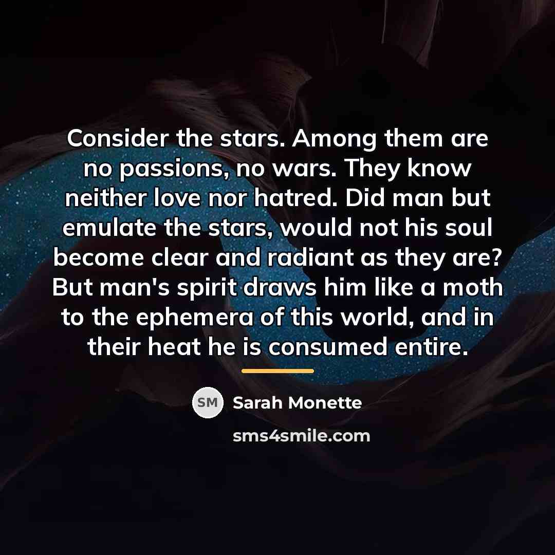 “Consider the stars. Among them are no passions, no wars.…” quote by Sarah Monette