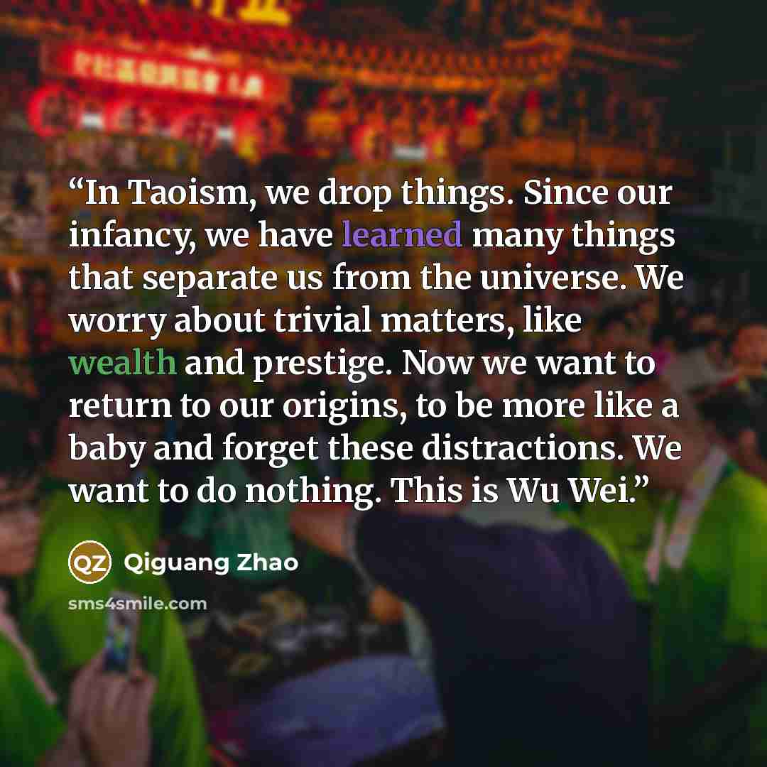 “In Taoism, we drop things. Since our infancy, we have learned many things that separate us from the universe. We worry about trivial matters, like wealth and prestige. Now we want to return to our origins, to be more like a baby and forget these distractions. We want to do nothing. This is Wu Wei.” quote by Qiguang Zhao