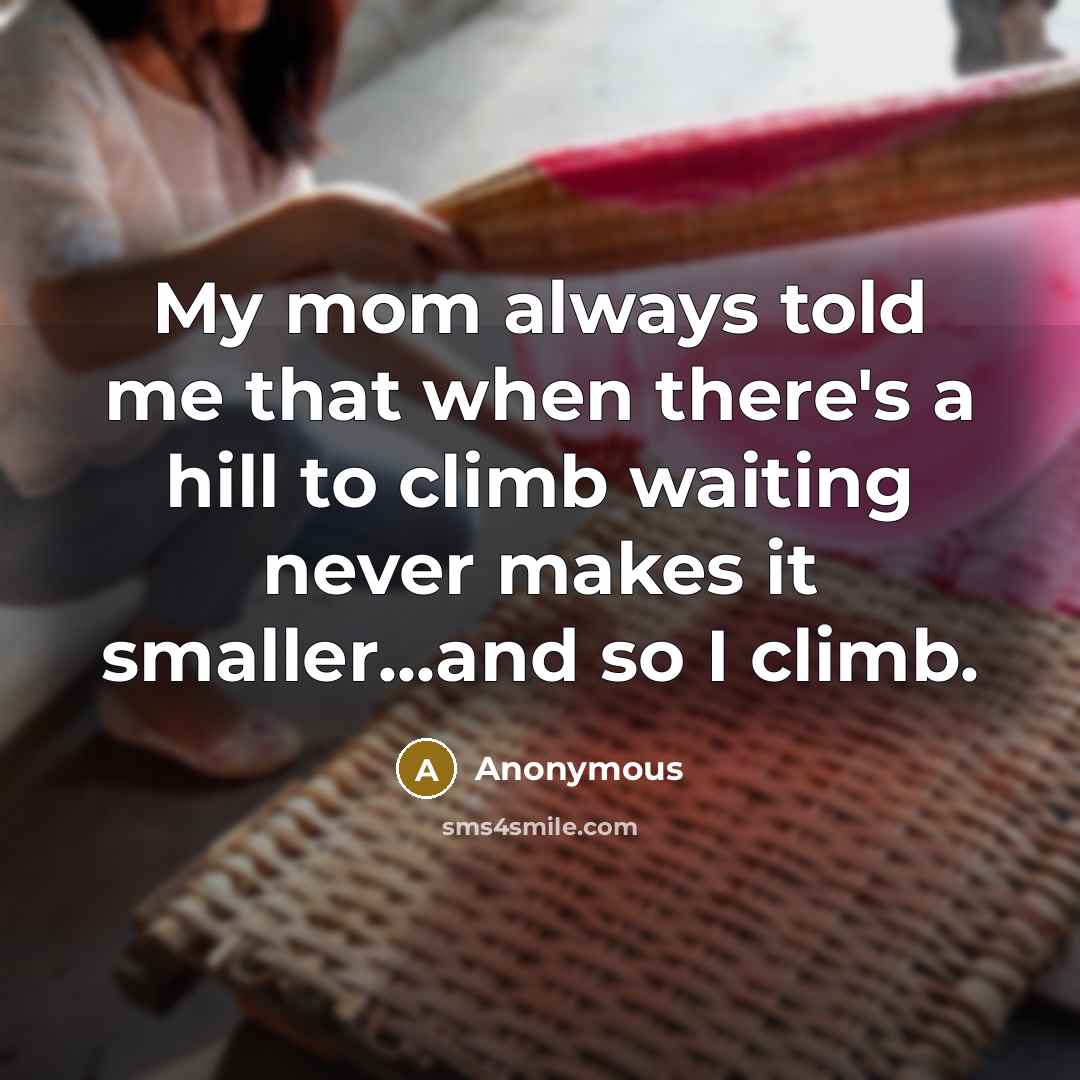 “My mom always told me that when there's a hill to climb waiting never makes it smaller...and so I climb.” quote by Anonymous