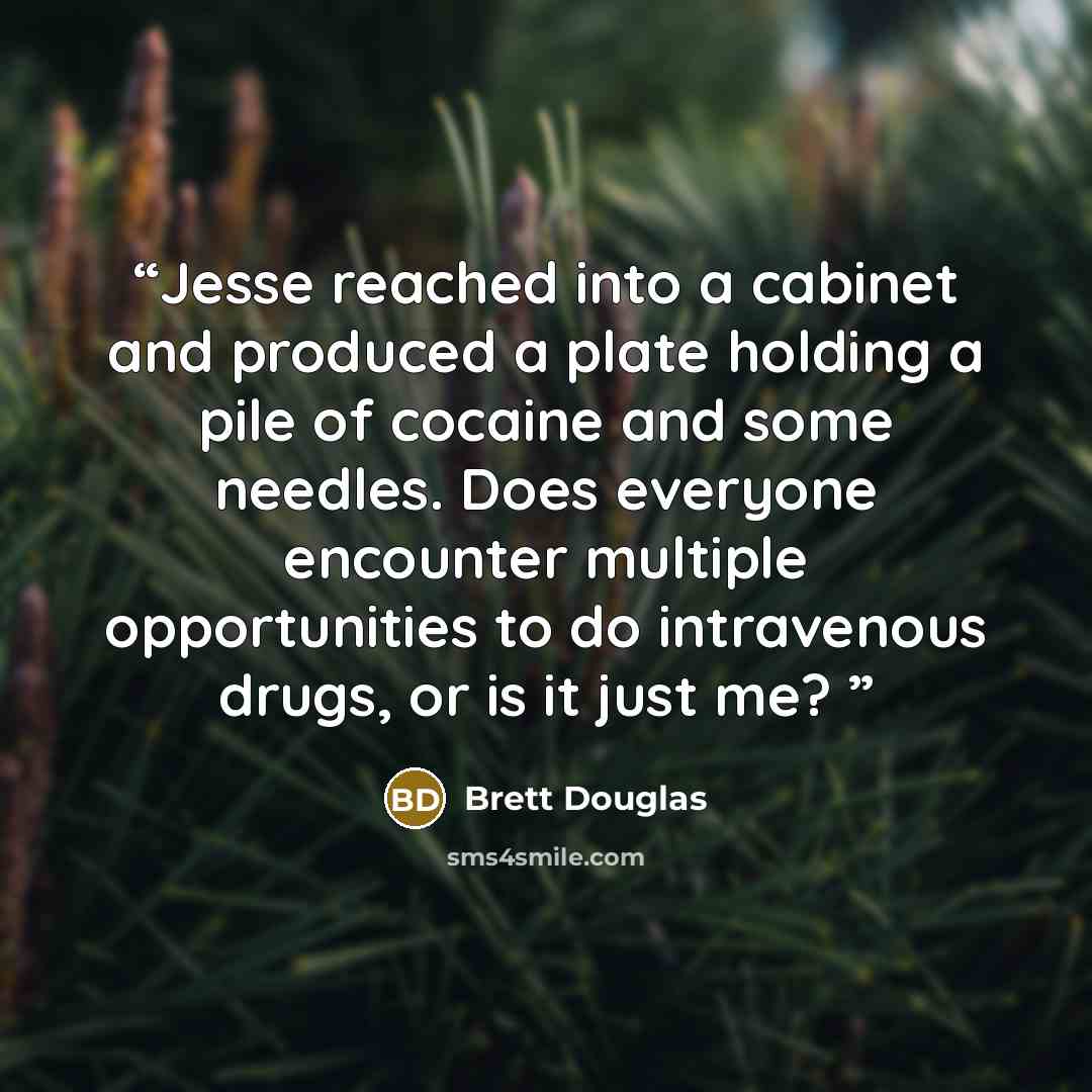 “Jesse reached into a cabinet and produced a plate holding a pile of cocaine and some needles. Does everyone encounter multiple opportunities to do intravenous drugs, or is it just me?” quote by Brett Douglas