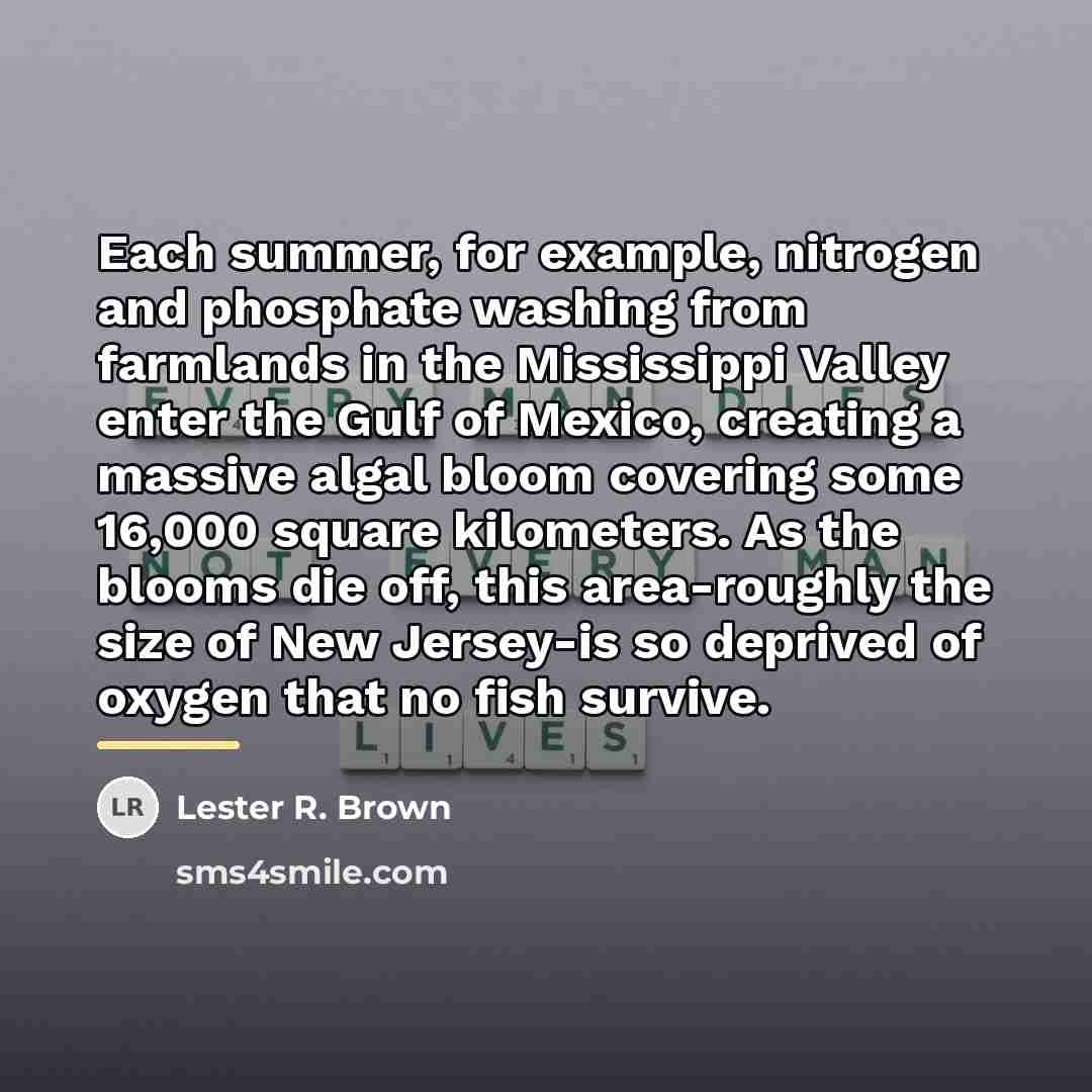 “Each summer, for example, nitrogen and phosphate washing from farmlands…” quote by Lester R. Brown