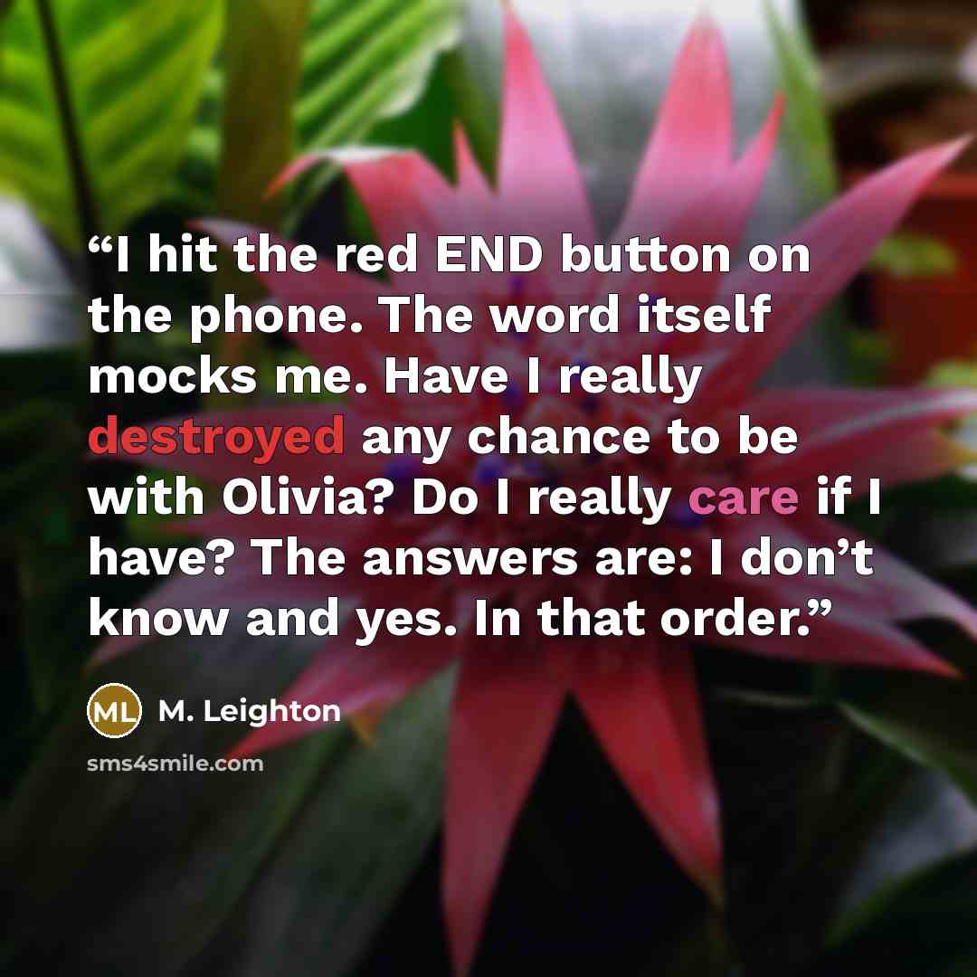 “I hit the red END button on the phone. The word itself mocks me. Have I really destroyed any chance to be with Olivia? Do I really care if I have? The answers are: I don’t know and yes. In that order.” quote by M. Leighton