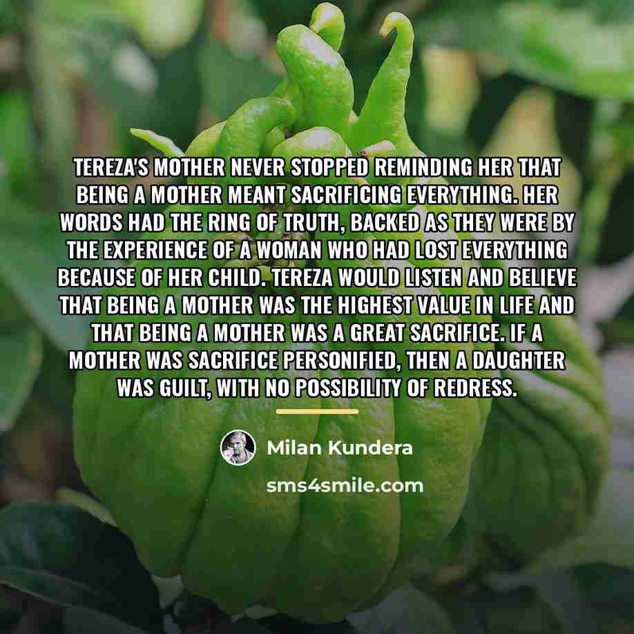 “Tereza's mother never stopped reminding her that being a mother…” quote by Milan Kundera