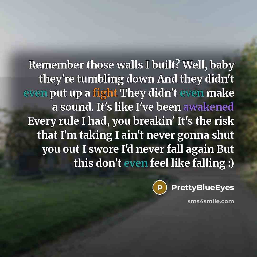 “Remember those walls I built? Well, baby they're tumbling down And they didn't even put up a fight They didn't even make a sound. It's like I've been awakened Every rule I had, you breakin' It's the risk that I'm taking I ain't never gonna shut you out I swore I'd never fall again But this don't…” quote by PrettyBlueEyes