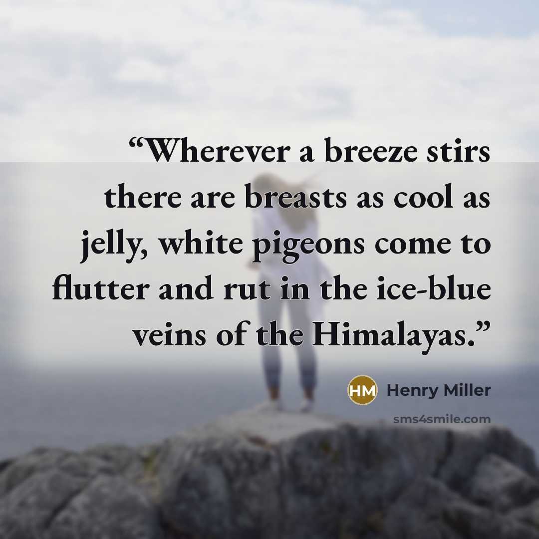 “Wherever a breeze stirs there are breasts as cool as jelly, white pigeons come to flutter and rut in the ice-blue veins of the Himalayas.” quote by Henry Miller