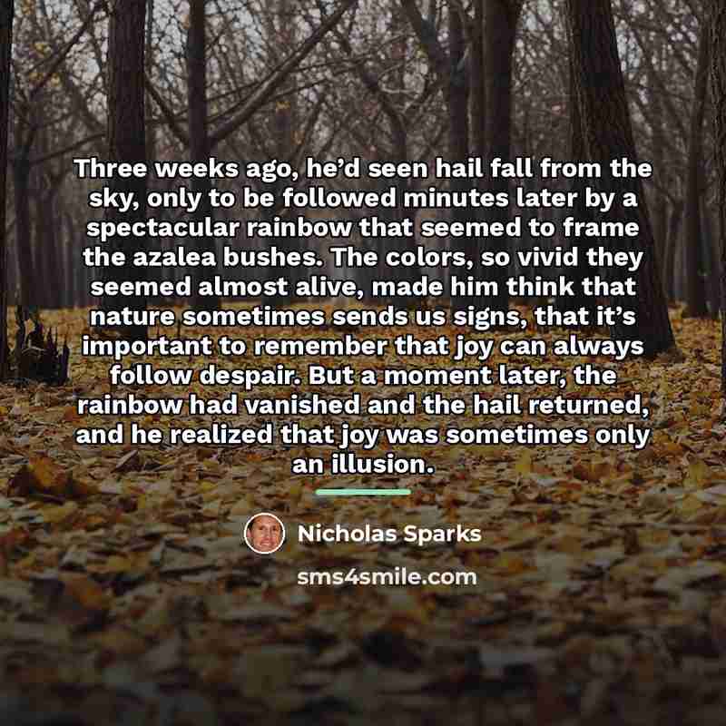 “Three weeks ago, he’d seen hail fall from the sky,…” quote by Nicholas Sparks