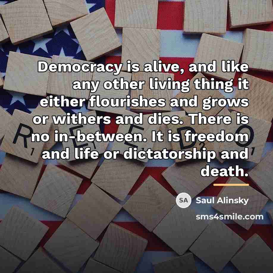 “Democracy is alive, and like any other living thing it…” quote by Saul Alinsky