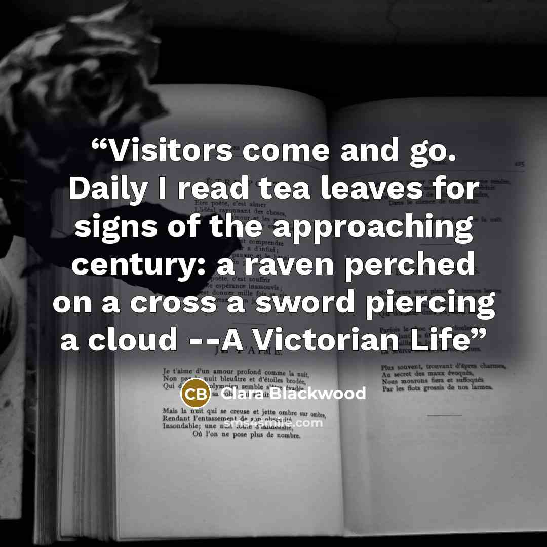 “Visitors come and go. Daily I read tea leaves for signs of the approaching century: a raven perched on a cross a sword piercing a cloud --A Victorian Life” quote by Clara Blackwood