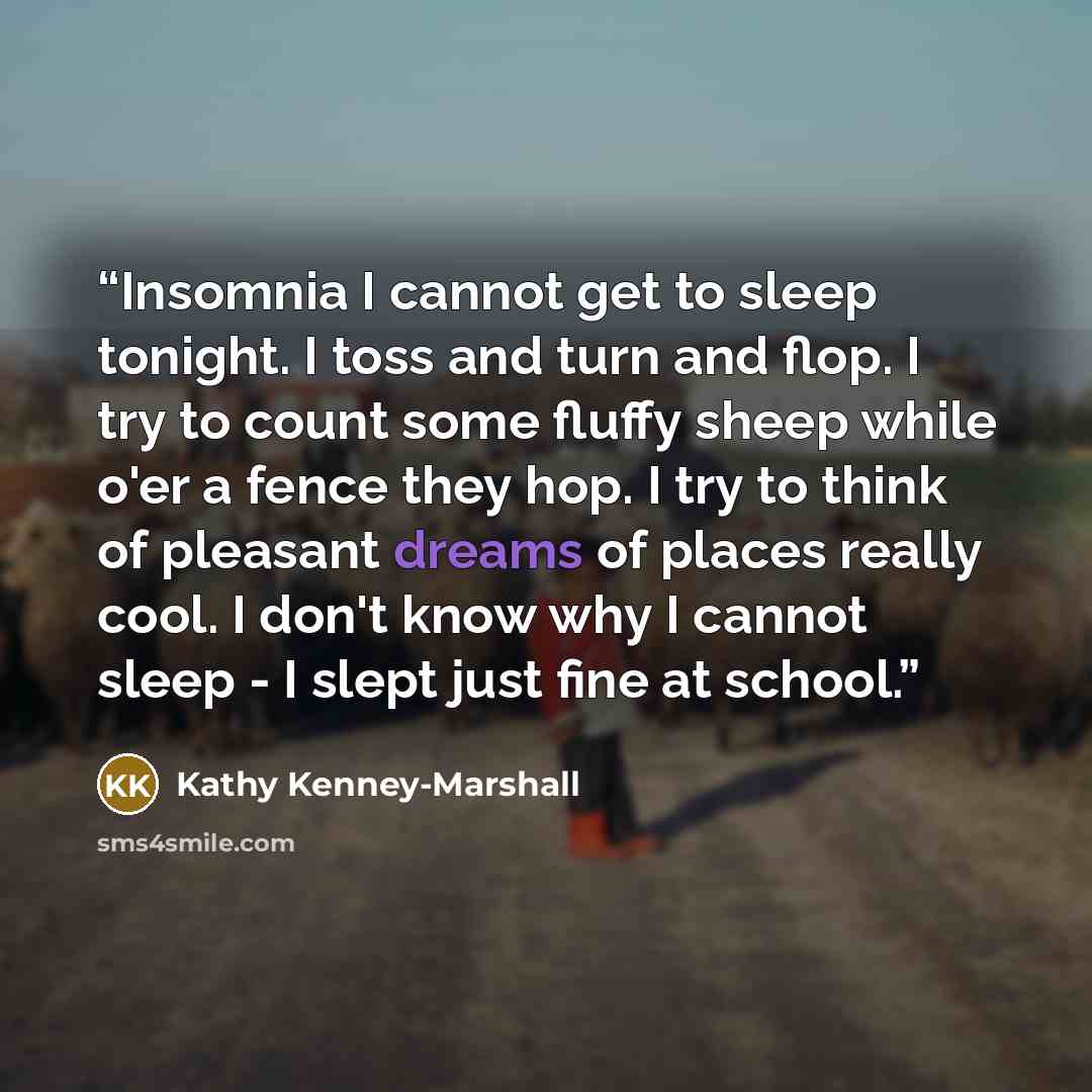 “Insomnia I cannot get to sleep tonight. I toss and turn and flop. I try to count some fluffy sheep while o'er a fence they hop. I try to think of pleasant dreams of places really cool. I don't know why I cannot sleep - I slept just fine at school.” quote by Kathy Kenney-Marshall