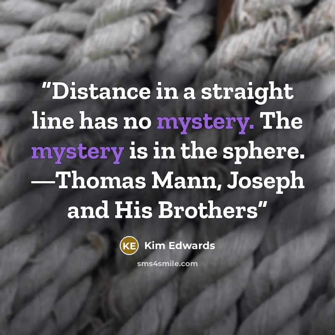 “Distance in a straight line has no mystery. The mystery is in the sphere. —Thomas Mann, Joseph and His Brothers” quote by Kim Edwards