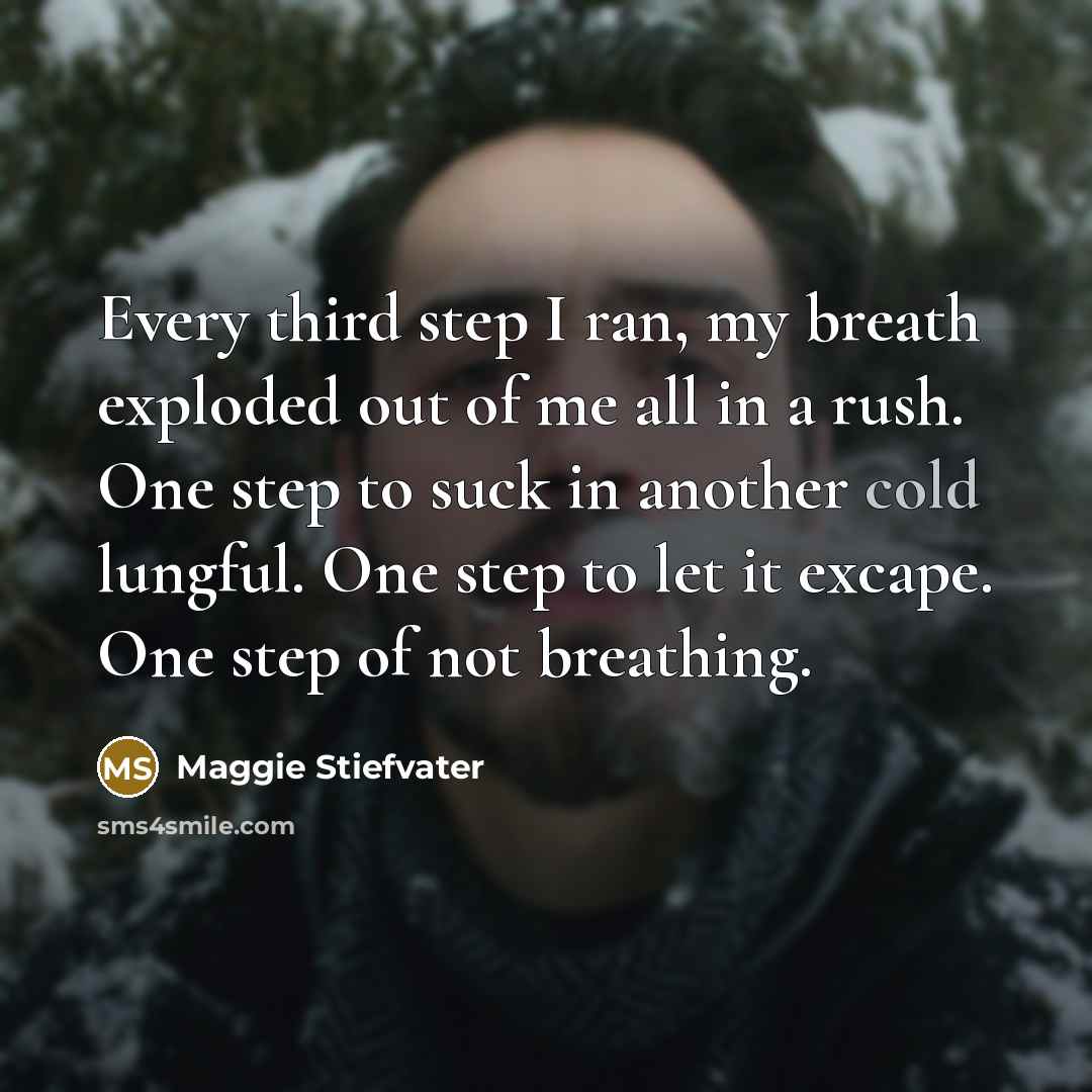 “Every third step I ran, my breath exploded out of me all in a rush. One step to suck in another cold lungful. One step to let it excape. One step of not breathing.” quote by Maggie Stiefvater