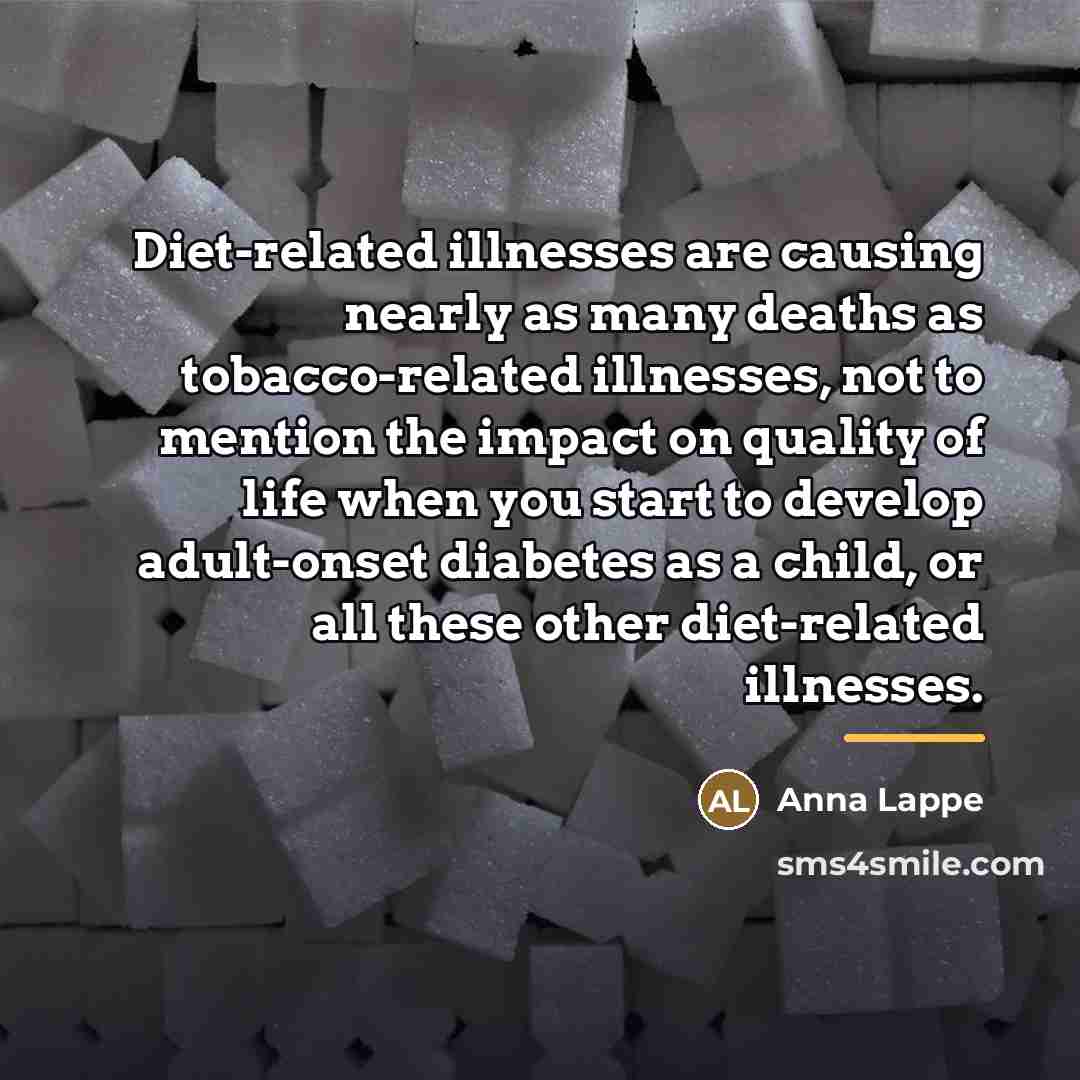 “Diet-related illnesses are causing nearly as many deaths as tobacco-related…” quote by Anna Lappe