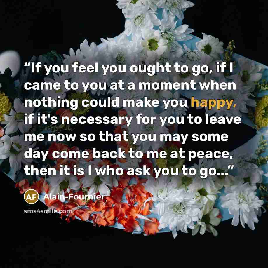 “If you feel you ought to go, if I came to you at a moment when nothing could make you happy, if it's necessary for you to leave me now so that you may some day come back to me at peace, then it is I who ask you to go...” quote by Alain-Fournier