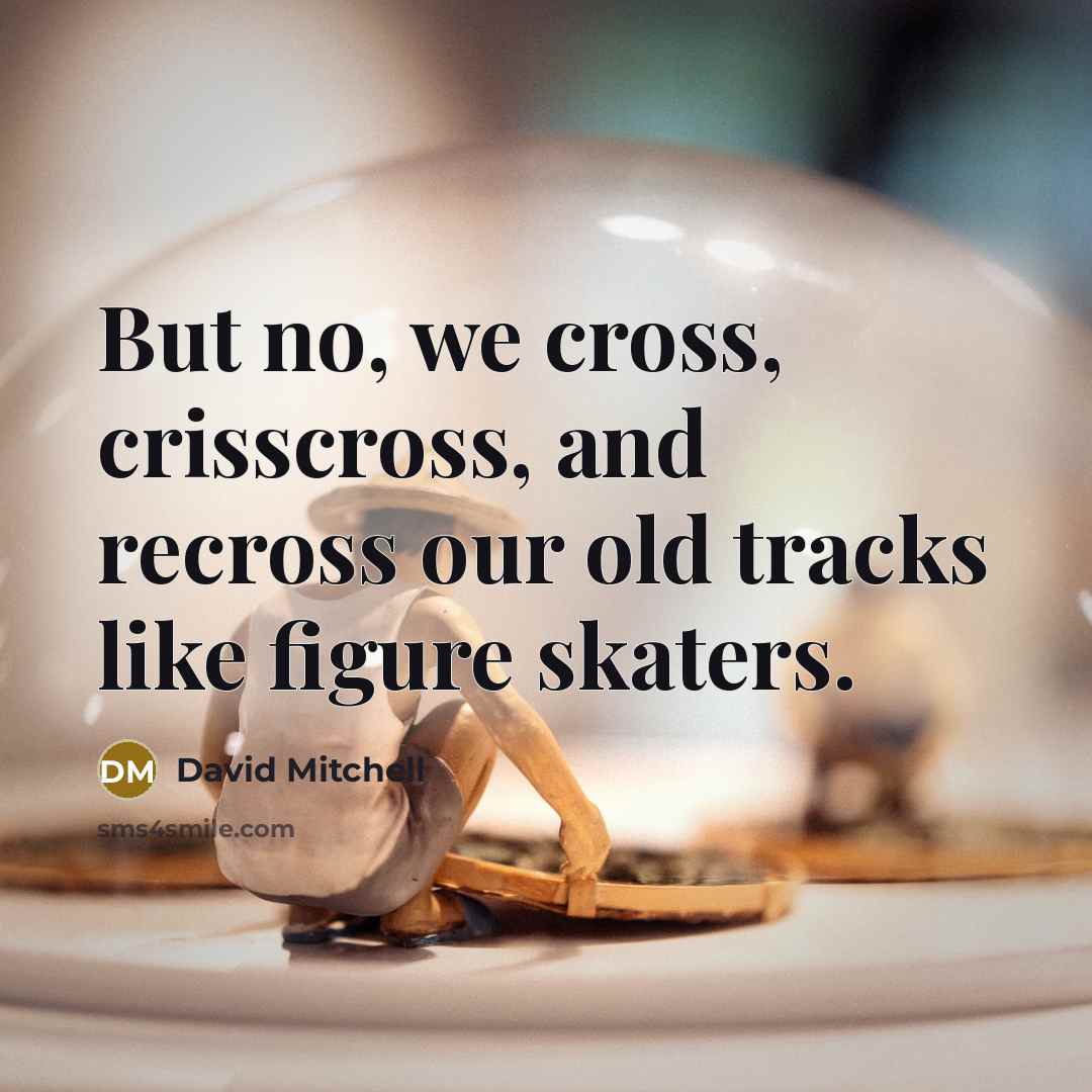 “But no, we cross, crisscross, and recross our old tracks…” quote by David Mitchell