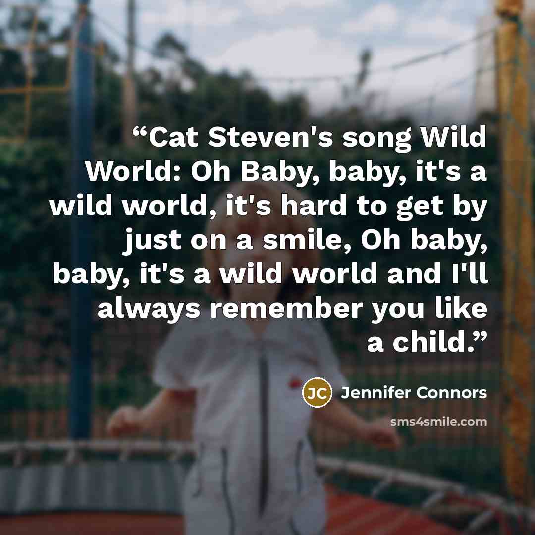 “Cat Steven's song Wild World: Oh Baby, baby, it's a wild world, it's hard to get by just on a smile, Oh baby, baby, it's a wild world and I'll always remember you like a child.” quote by Jennifer Connors
