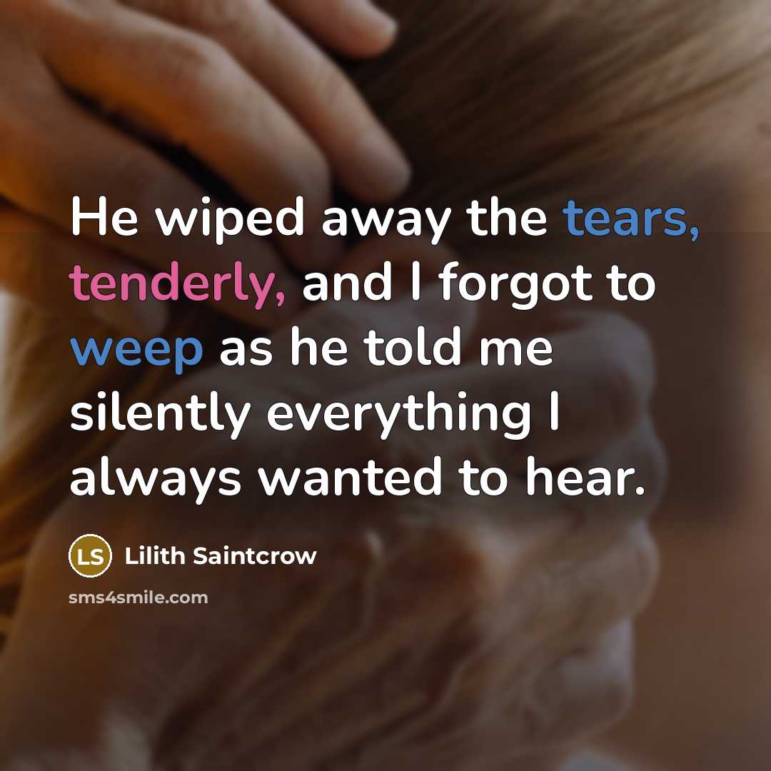 “He wiped away the tears, tenderly, and I forgot to weep as he told me silently everything I always wanted to hear.” quote by Lilith Saintcrow
