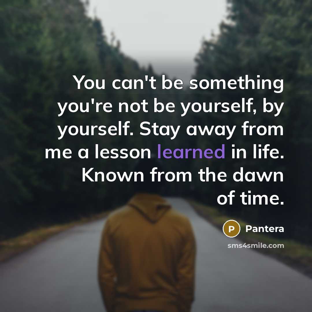 “You can't be something you're not be yourself, by yourself. Stay away from me a lesson learned in life. Known from the dawn of time.” quote by Pantera