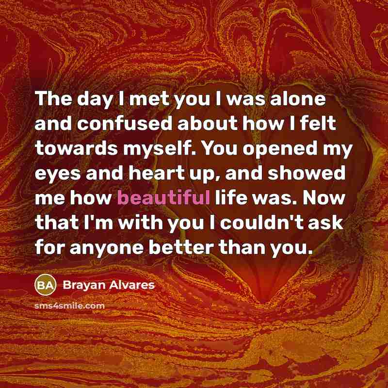 “The day I met you I was alone and confused about how I felt towards myself. You opened my eyes and heart up, and showed me how beautiful life was. Now that I'm with you I couldn't ask for anyone better than you.” quote by Brayan Alvares