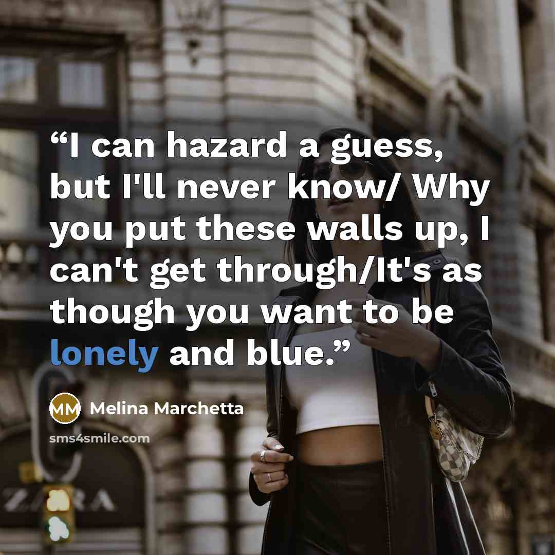 “I can hazard a guess, but I'll never know/ Why you put these walls up, I can't get through/It's as though you want to be lonely and blue.” quote by Melina Marchetta