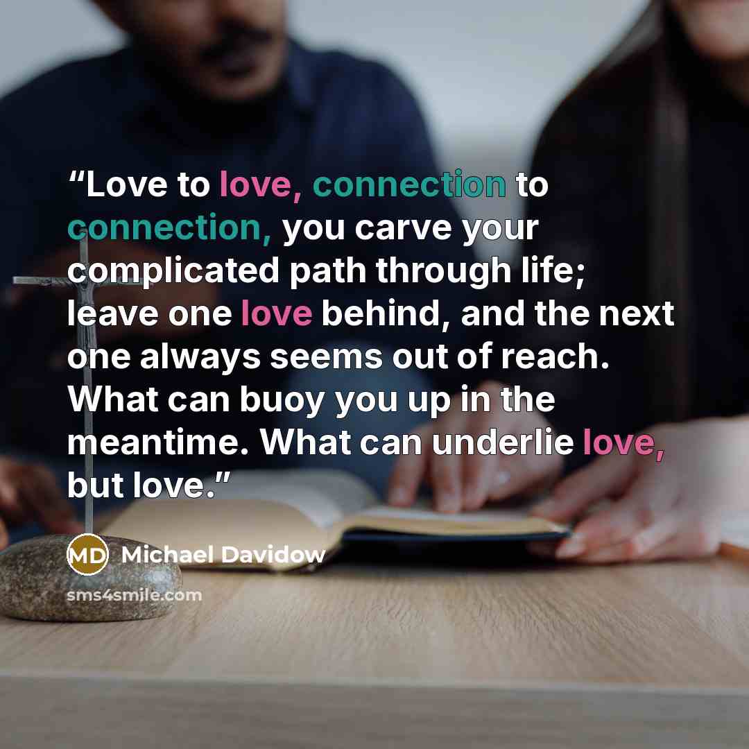 “Love to love, connection to connection, you carve your complicated path through life; leave one love behind, and the next one always seems out of reach. What can buoy you up in the meantime. What can underlie love, but love.” quote by Michael Davidow