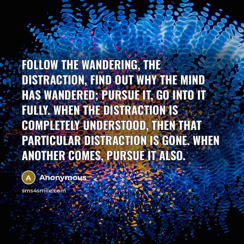 “Follow the wandering, the distraction, find out why the mind has wandered; pursue it, go into it fully. When the distraction is completely understood, then that particular distraction is gone. When another comes, pursue it also.” quote by Anonymous