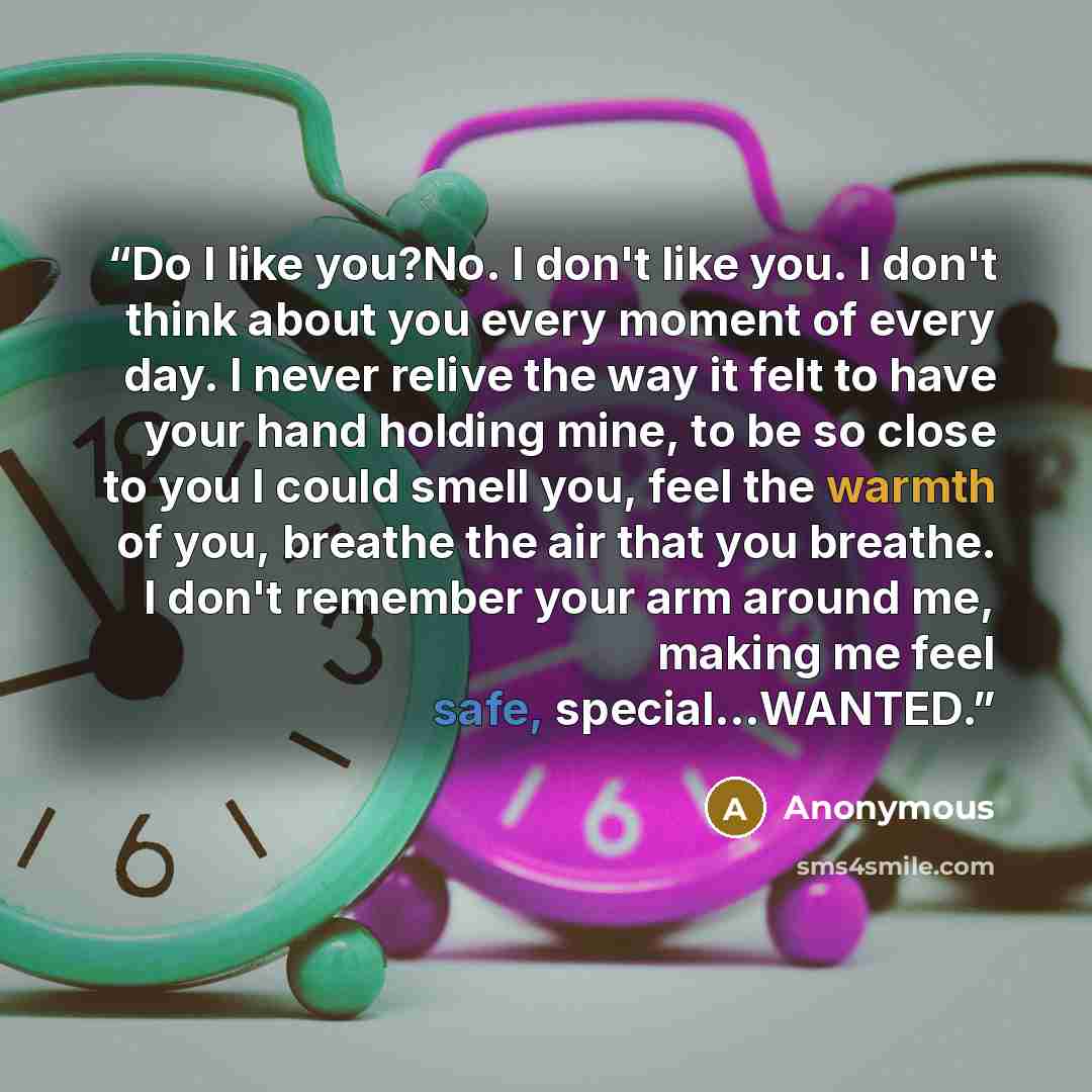 “Do I like you?No. I don't like you. I don't think about you every moment of every day. I never relive the way it felt to have your hand holding mine, to be so close to you I could smell you, feel the warmth of you, breathe the air that you breathe. I don't remember your arm around me, making me…” quote by Anonymous