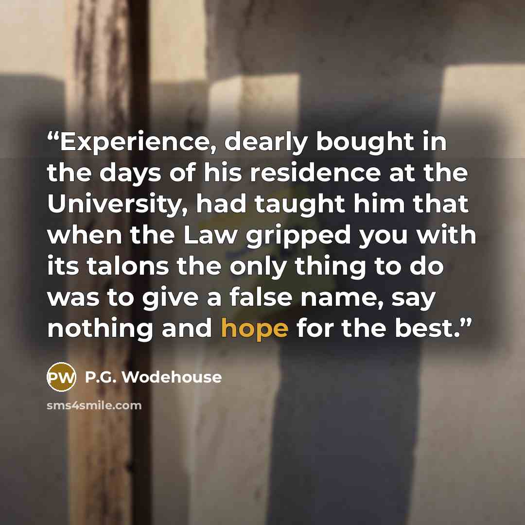 “Experience, dearly bought in the days of his residence at the University, had taught him that when the Law gripped you with its talons the only thing to do was to give a false name, say nothing and hope for the best.” quote by P.G. Wodehouse