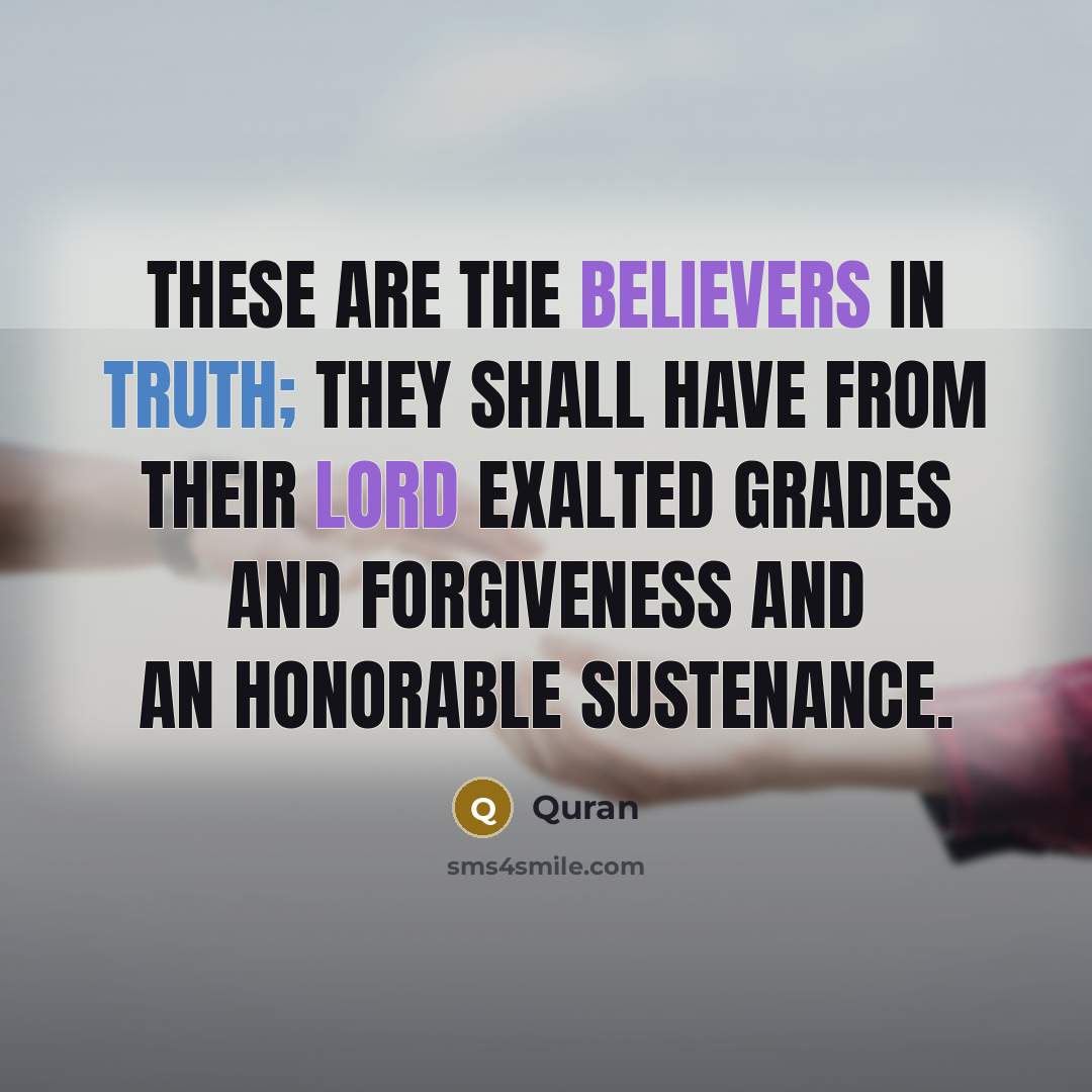 “These are the believers in truth; they shall have from their Lord exalted grades and forgiveness and an honorable sustenance.” quote by Quran