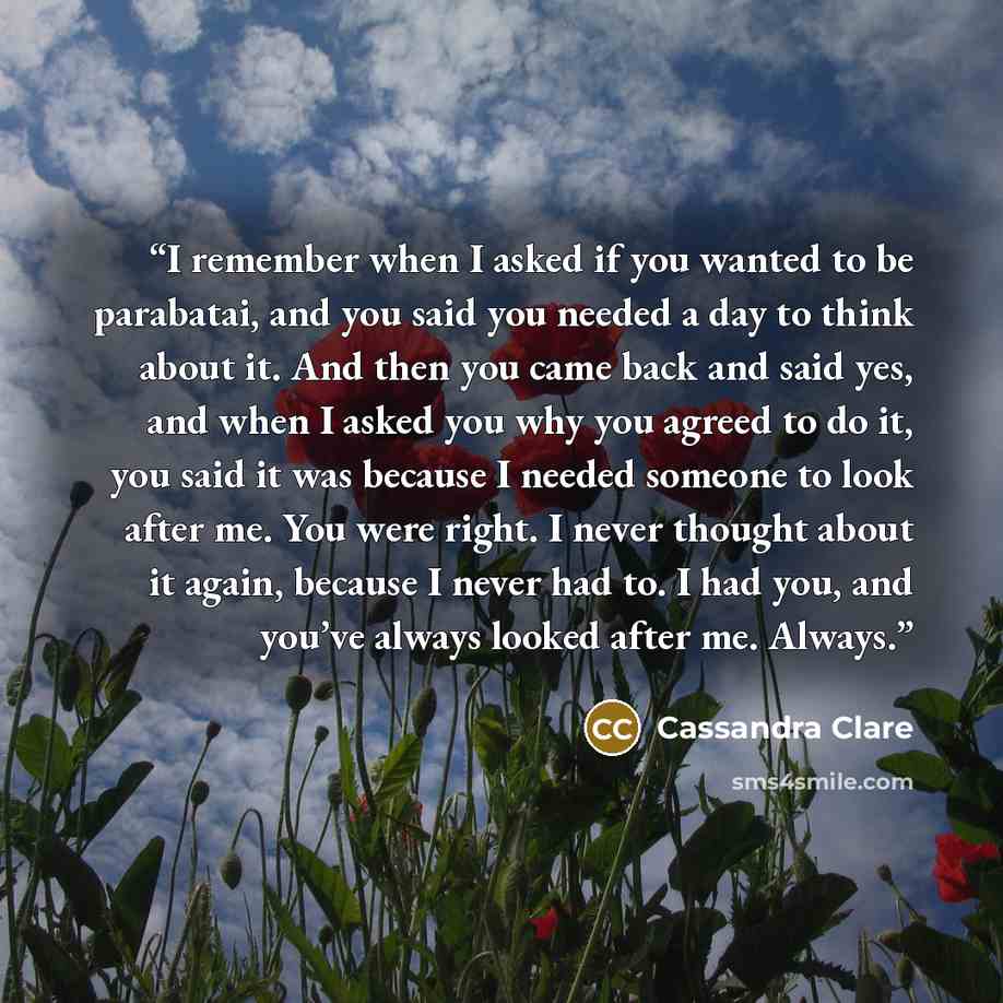 “I remember when I asked if you wanted to be parabatai, and you said you needed a day to think about it. And then you came back and said yes, and when I asked you why you agreed to do it, you said it was because I needed someone to look after me. You were right. I never thought about it again…” quote by Cassandra Clare