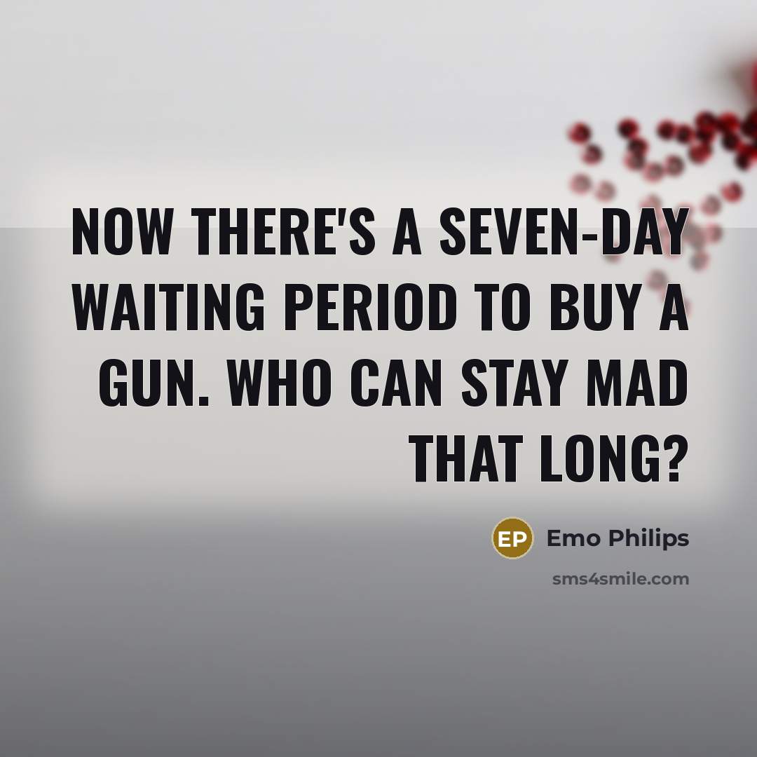 “Now there's a seven-day waiting period to buy a gun. Who can stay mad that long?” quote by Emo Philips