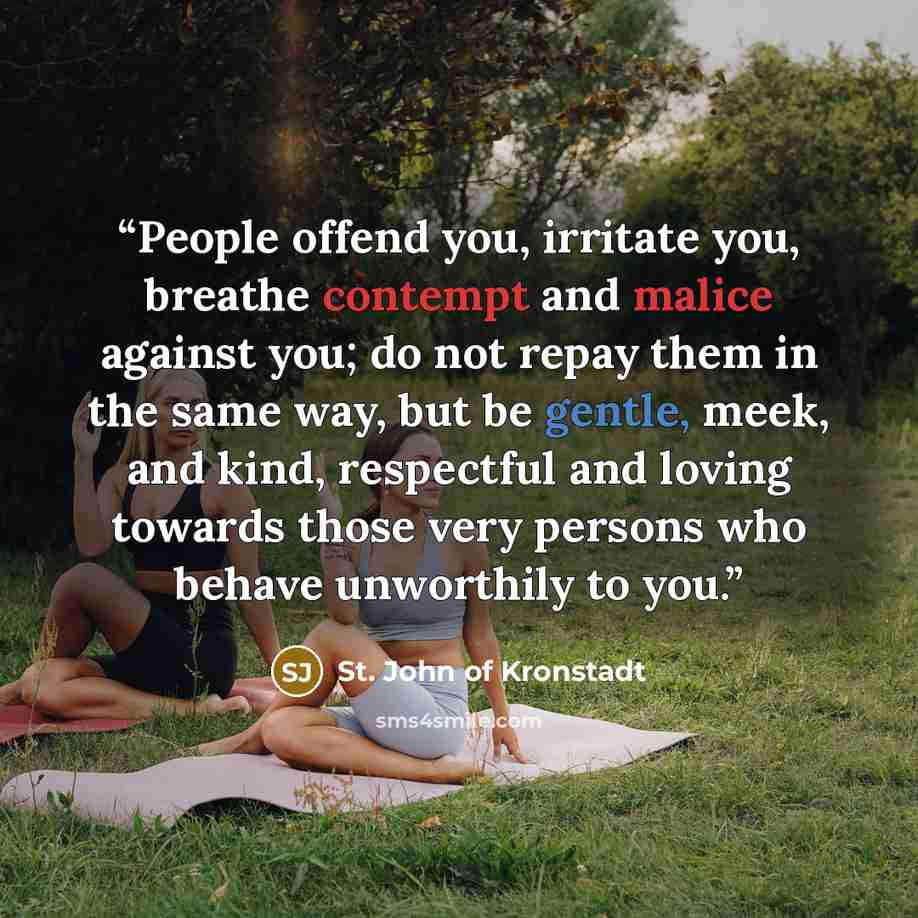 “People offend you, irritate you, breathe contempt and malice against you; do not repay them in the same way, but be gentle, meek, and kind, respectful and loving towards those very persons who behave unworthily to you.” quote by St. John of Kronstadt