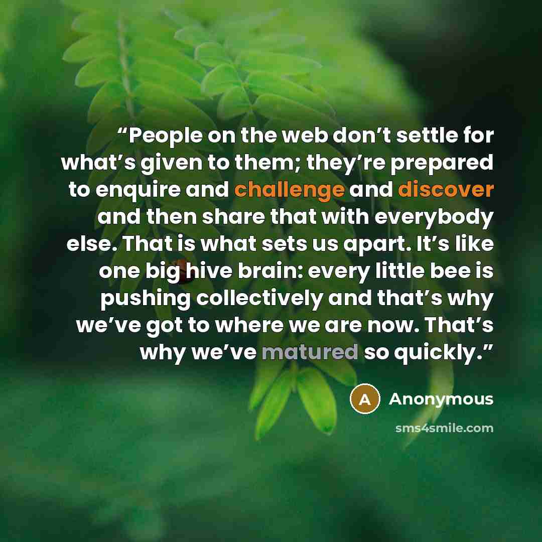 “People on the web don’t settle for what’s given to them; they’re prepared to enquire and challenge and discover and then share that with everybody else. That is what sets us apart. It’s like one big hive brain: every little bee is pushing collectively and that’s why we’ve got to where we are now…” quote by Anonymous
