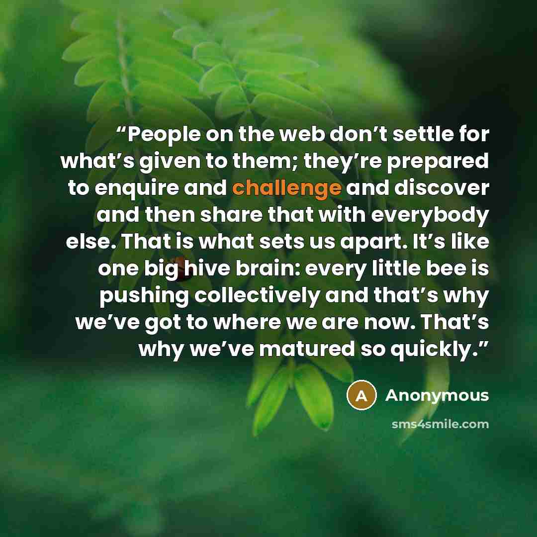 “People on the web don’t settle for what’s given to them; they’re prepared to enquire and challenge and discover and then share that with everybody else. That is what sets us apart. It’s like one big hive brain: every little bee is pushing collectively and that’s why we’ve got to where we are now…” quote by Anonymous
