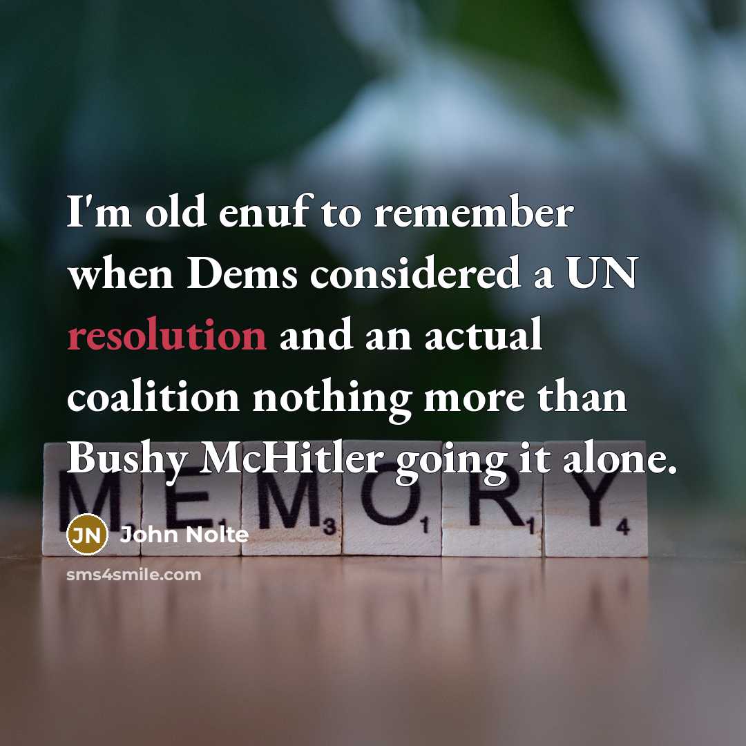 “I'm old enuf to remember when Dems considered a UN resolution and an actual coalition nothing more than Bushy McHitler going it alone.” quote by John Nolte