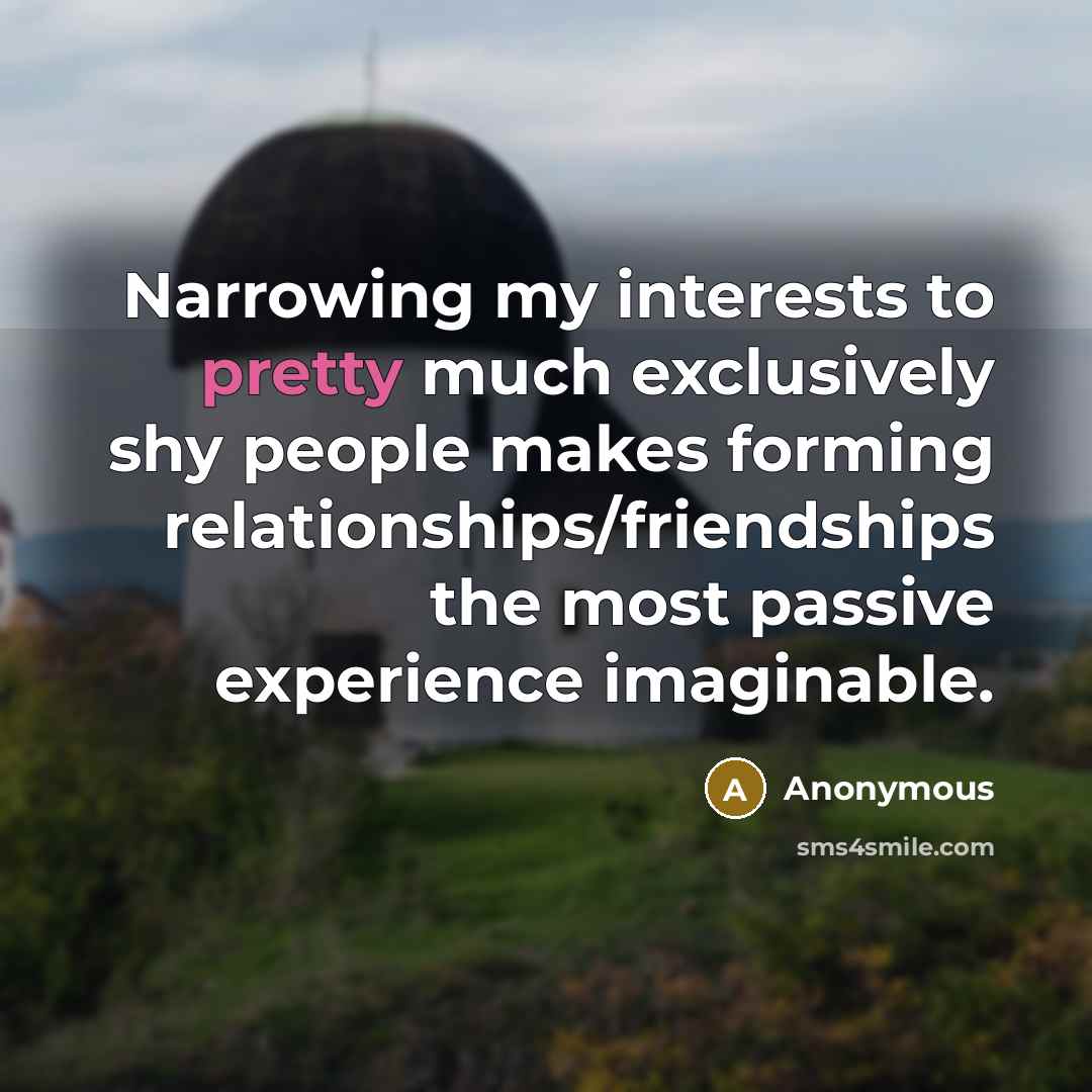“Narrowing my interests to pretty much exclusively shy people makes forming relationships/friendships the most passive experience imaginable.” quote by Anonymous
