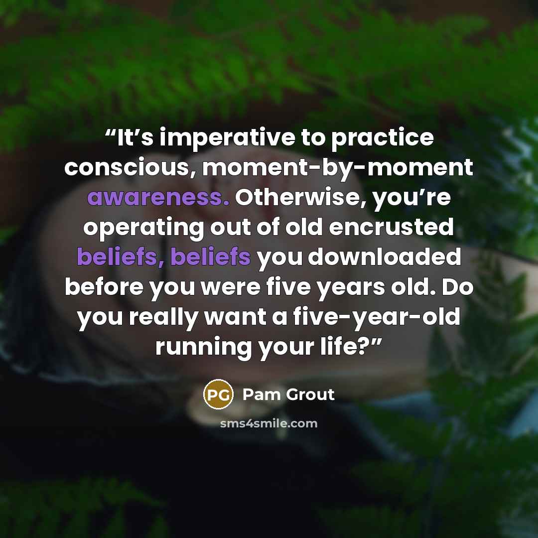 “It’s imperative to practice conscious, moment-by-moment awareness. Otherwise, you’re operating out of old encrusted beliefs, beliefs you downloaded before you were five years old. Do you really want a five-year-old running your life?” quote by Pam Grout