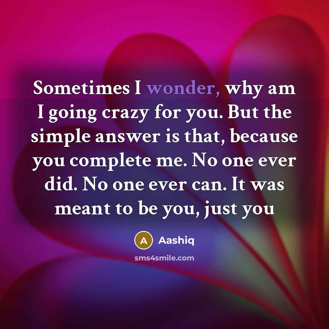 “Sometimes I wonder, why am I going crazy for you. But the simple answer is that, because you complete me. No one ever did. No one ever can. It was meant to be you, just you” quote by Aashiq
