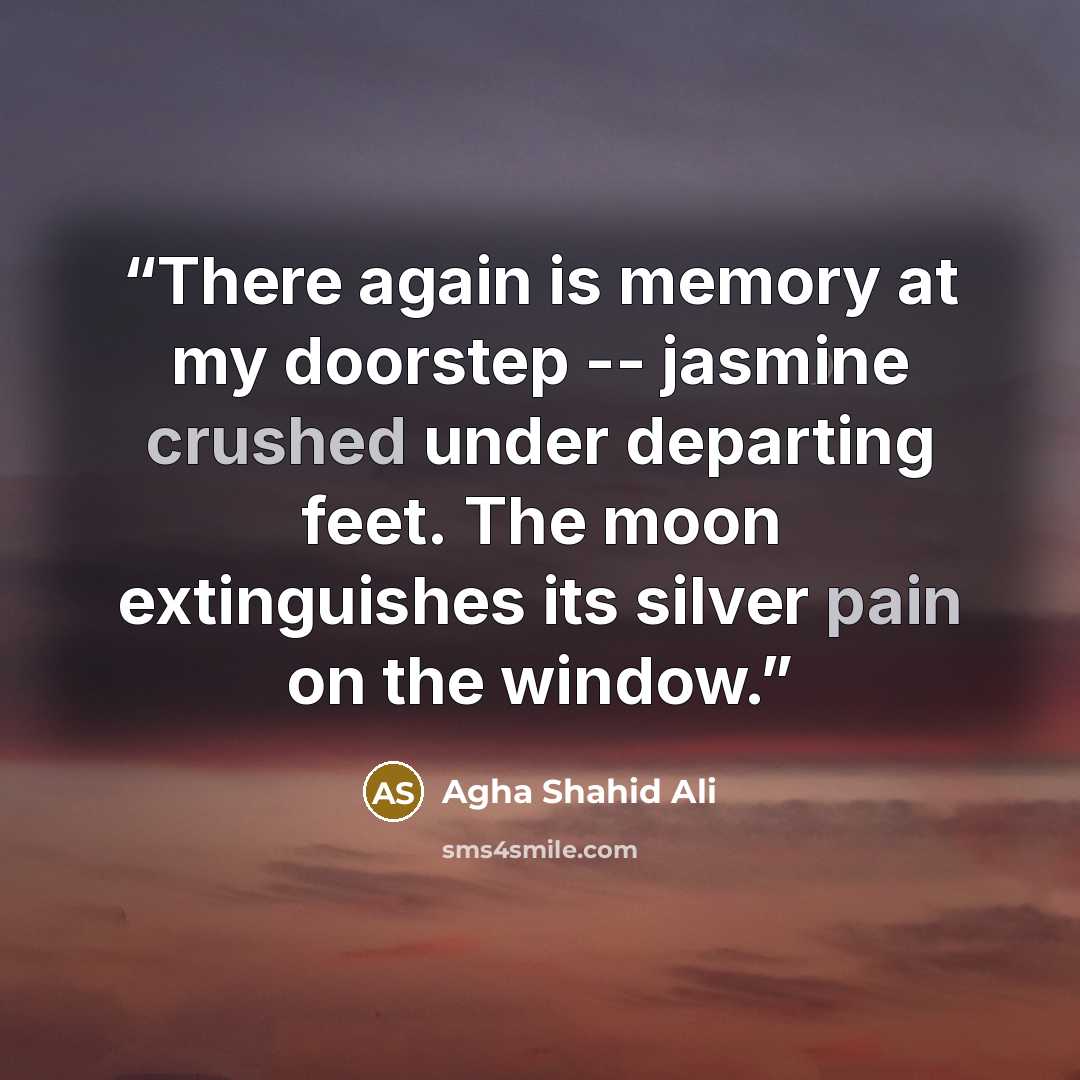“There again is memory at my doorstep -- jasmine crushed under departing feet. The moon extinguishes its silver pain on the window.” quote by Agha Shahid Ali