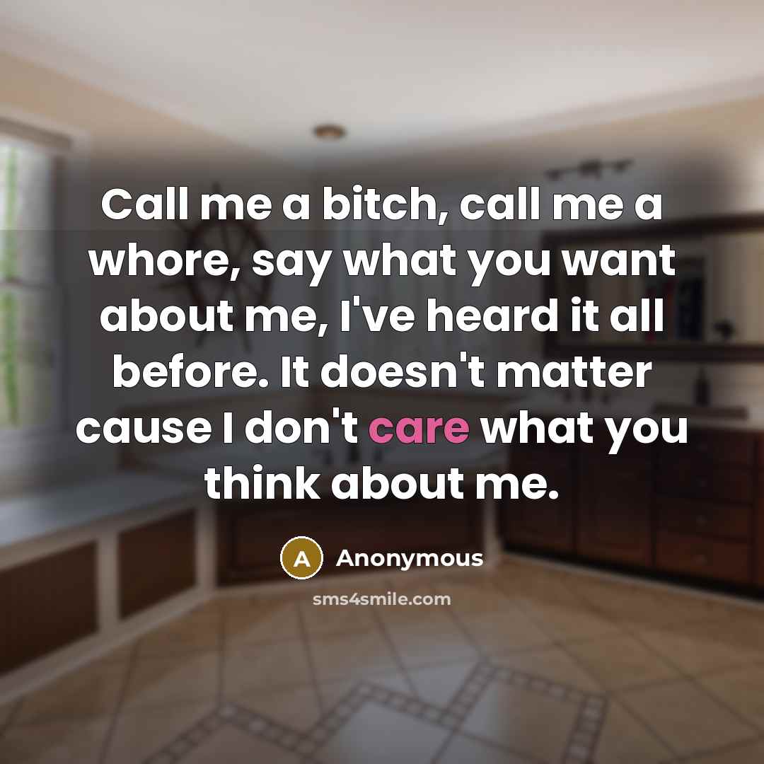 “Call me a bitch, call me a whore, say what you want about me, I've heard it all before. It doesn't matter cause I don't care what you think about me.” quote by Anonymous