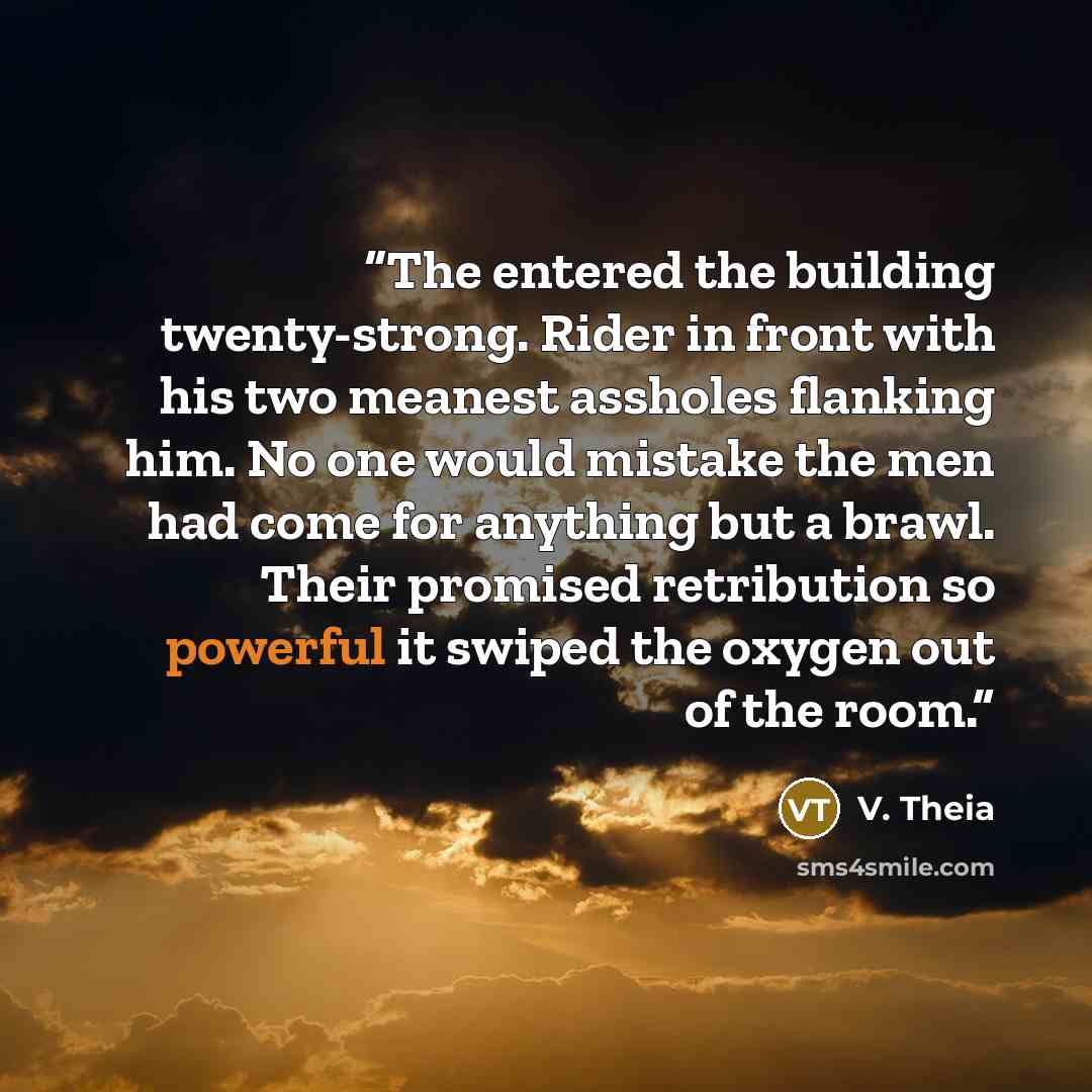 “The entered the building twenty-strong. Rider in front with his two meanest assholes flanking him. No one would mistake the men had come for anything but a brawl. Their promised retribution so powerful it swiped the oxygen out of the room.” quote by V. Theia