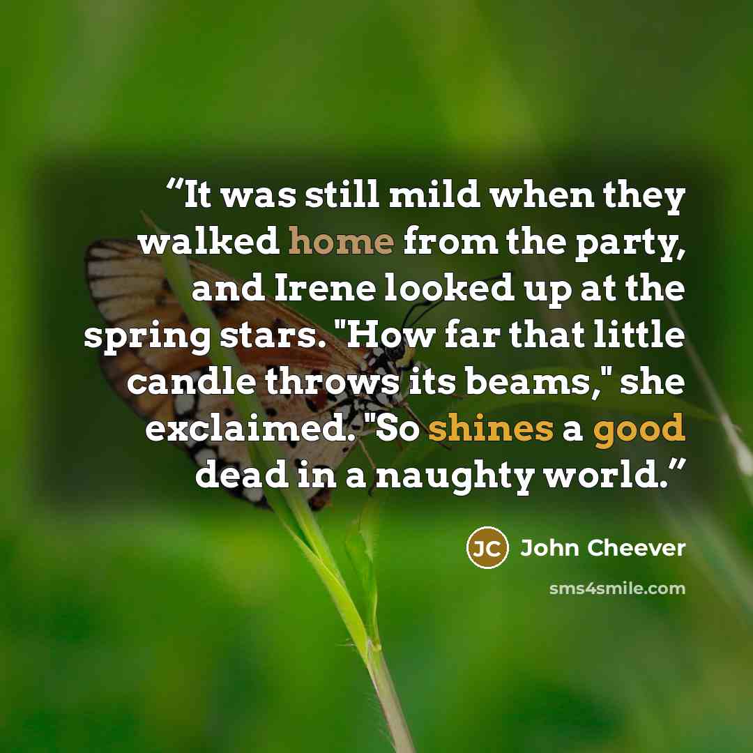 “It was still mild when they walked home from the party, and Irene looked up at the spring stars. "How far that little candle throws its beams," she exclaimed. "So shines a good dead in a naughty world.” quote by John Cheever
