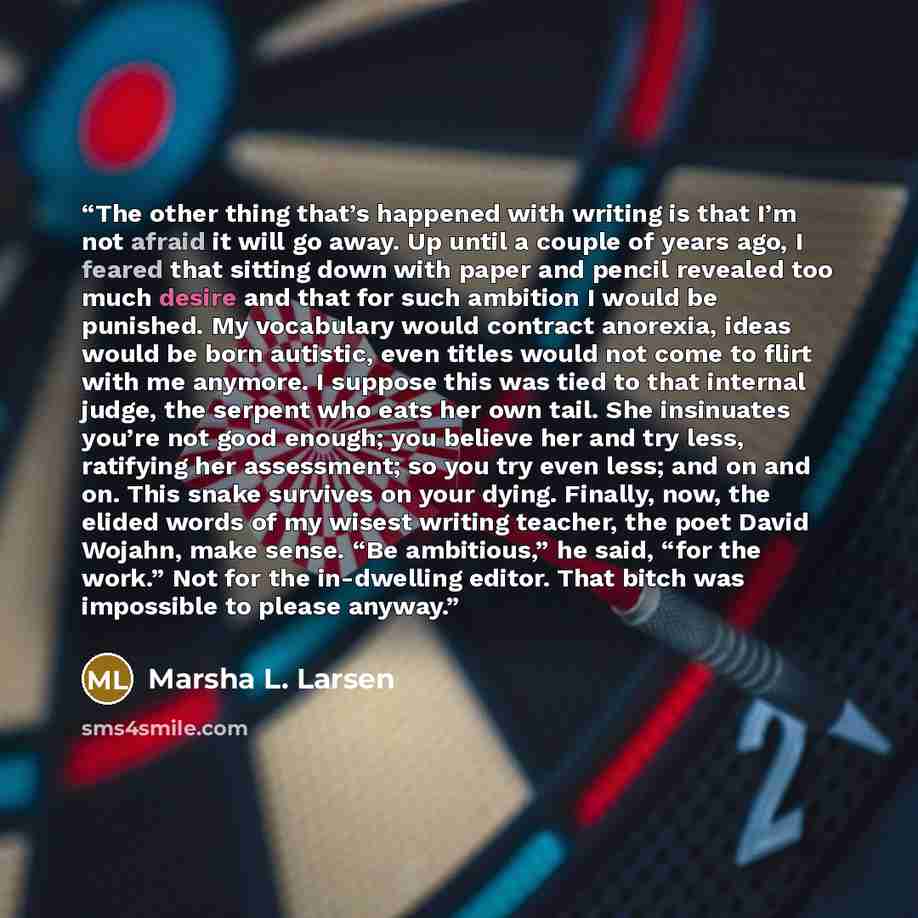 “The other thing that’s happened with writing is that I’m not afraid it will go away. Up until a couple of years ago, I feared that sitting down with paper and pencil revealed too much desire and that for such ambition I would be punished. My vocabulary would contract anorexia, ideas would be born…” quote by Marsha L. Larsen
