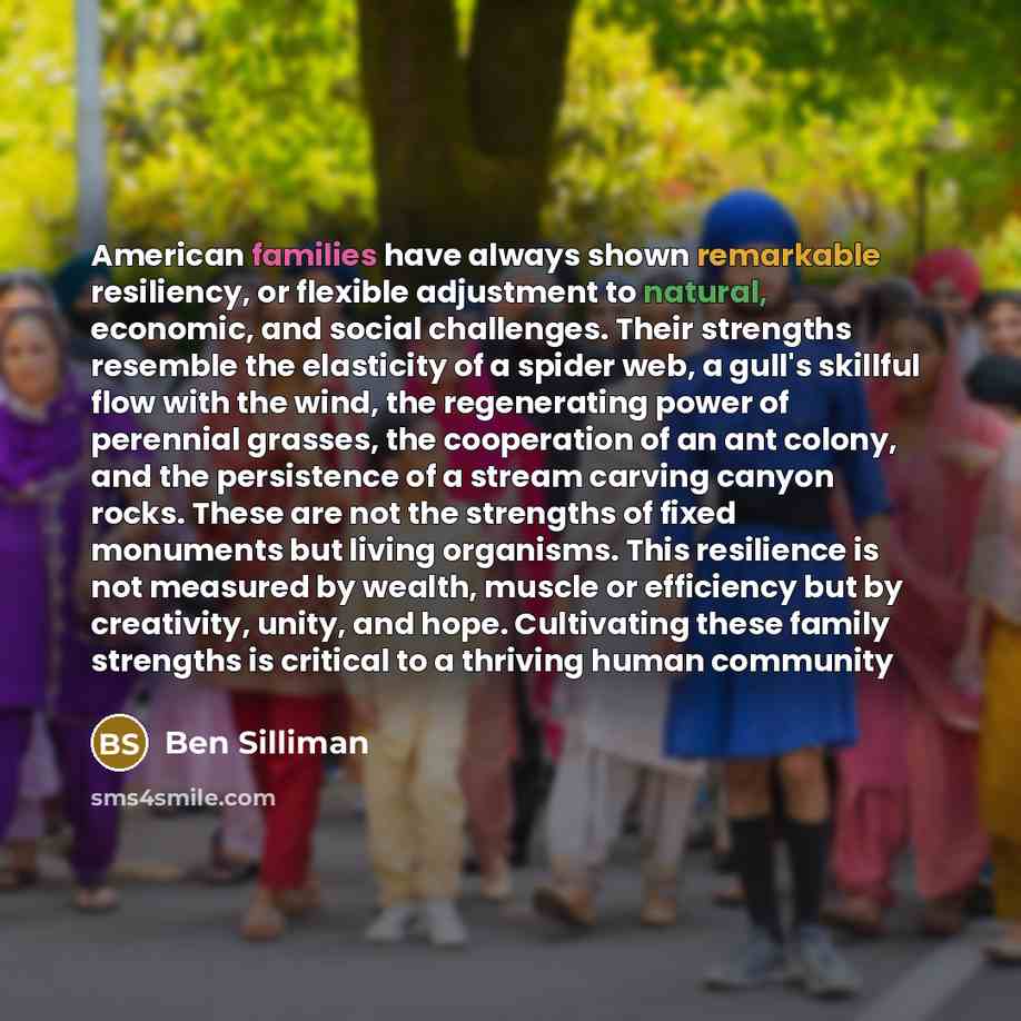 “American families have always shown remarkable resiliency, or flexible adjustment to natural, economic, and social challenges. Their strengths resemble the elasticity of a spider web, a gull's skillful flow with the wind, the regenerating power of perennial grasses, the cooperation of an ant…” quote by Ben Silliman