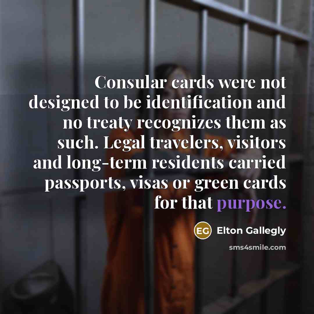 “Consular cards were not designed to be identification and no…” quote by Elton Gallegly