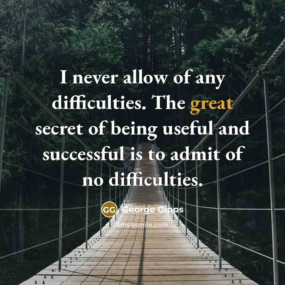 “I never allow of any difficulties. The great secret of being useful and successful is to admit of no difficulties.” quote by George Gipps