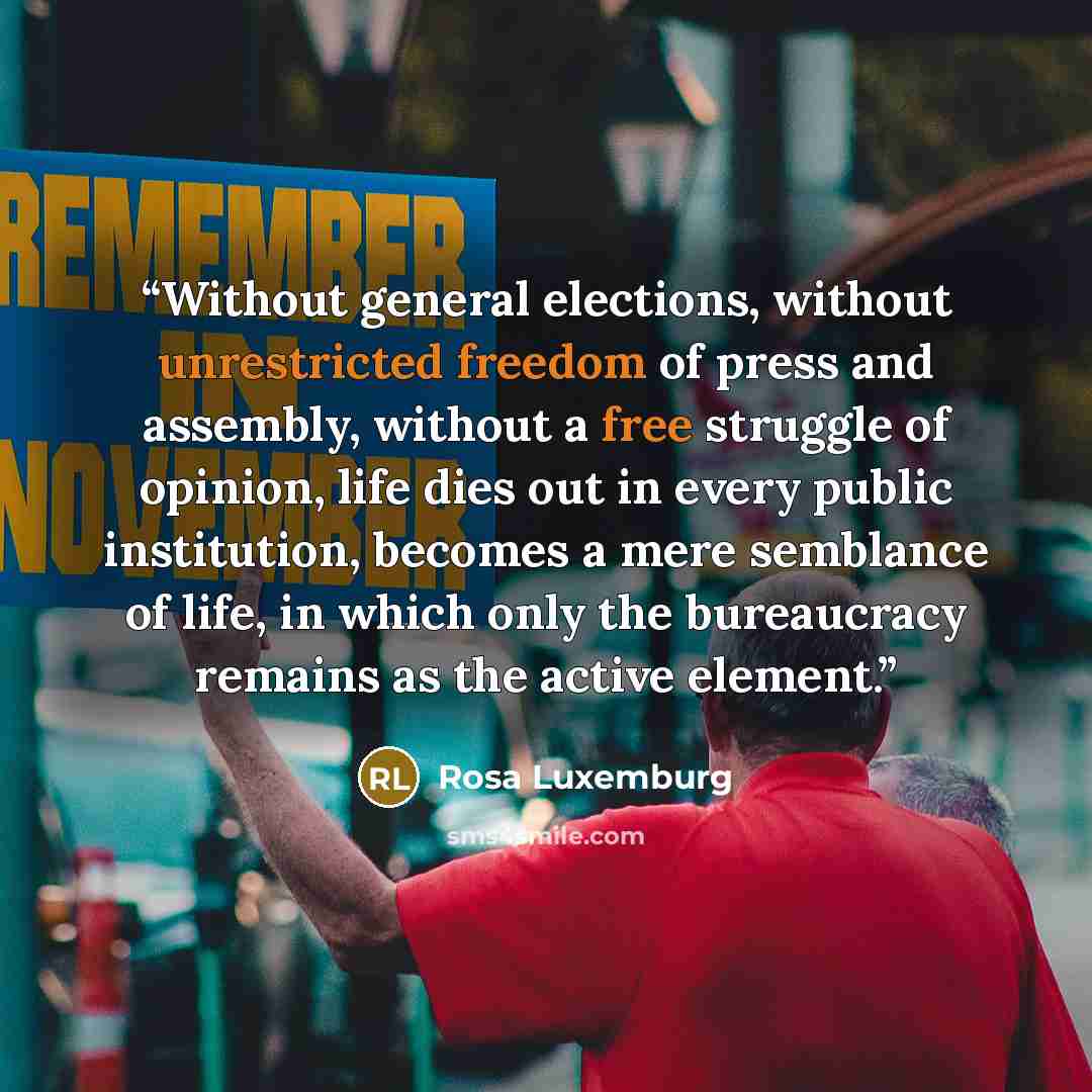 “Without general elections, without unrestricted freedom of press and assembly, without a free struggle of opinion, life dies out in every public institution, becomes a mere semblance of life, in which only the bureaucracy remains as the active element.” quote by Rosa Luxemburg
