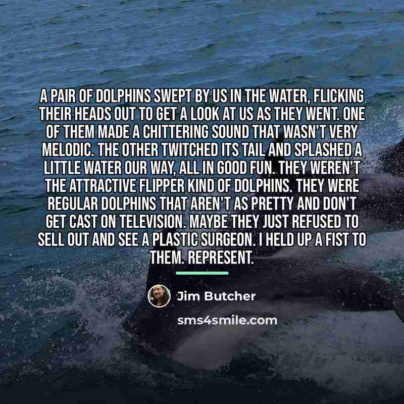 “A pair of dolphins swept by us in the water,…” quote by Jim Butcher