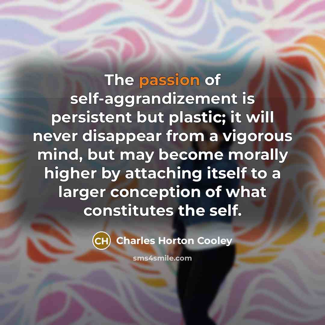 “The passion of self-aggrandizement is persistent but plastic; it will…” quote by Charles Horton Cooley